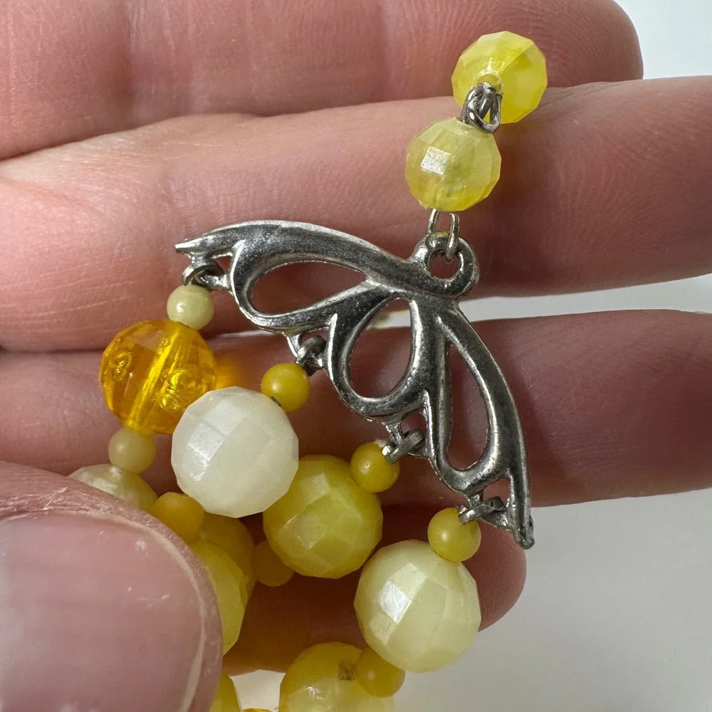 Vintage Yellow Beaded‎ Four Strand Statement Necklace Plastic Layered Sunny Mod